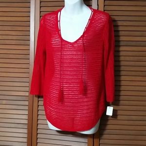 Open weave Stripe knit sweater with tassels